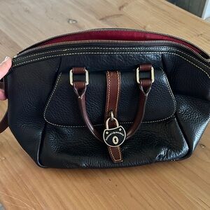 Dooney & Bourke Black Leather Samba Satchel with Brown Trim and Red Lining